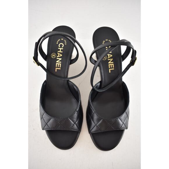 Chanel 24C Black Quilted Lambskin CC Crystal Logo Ankle Strap Sandal Wedge 38 - Picture 7 of 16